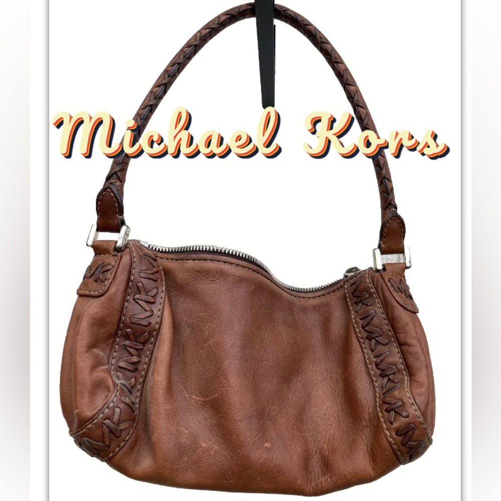 Vintage Michael Kors Brown Braided Leather Logo Unique Handbag Purse
